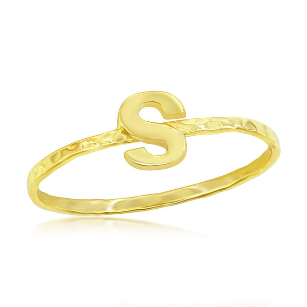 Sterling Silver 'S' Initial Hammered Band Ring - Gold Plated