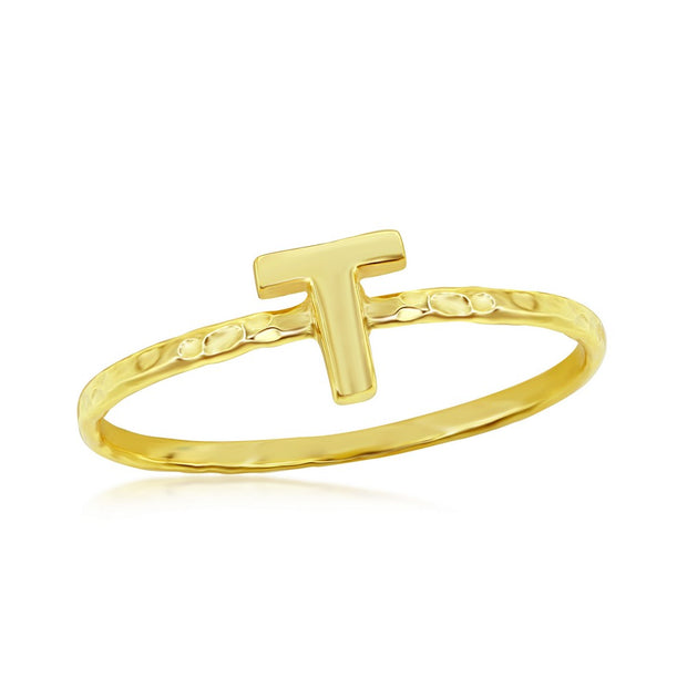 Sterling Silver 'T' Initial Hammered Band Ring - Gold Plated