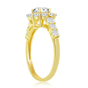 Sterling Silver Round Halo CZ Flower Design Engagement Ring - Gold Plated