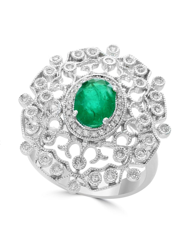 Effy 14K White Gold Diamond,Natural Emerald Ring