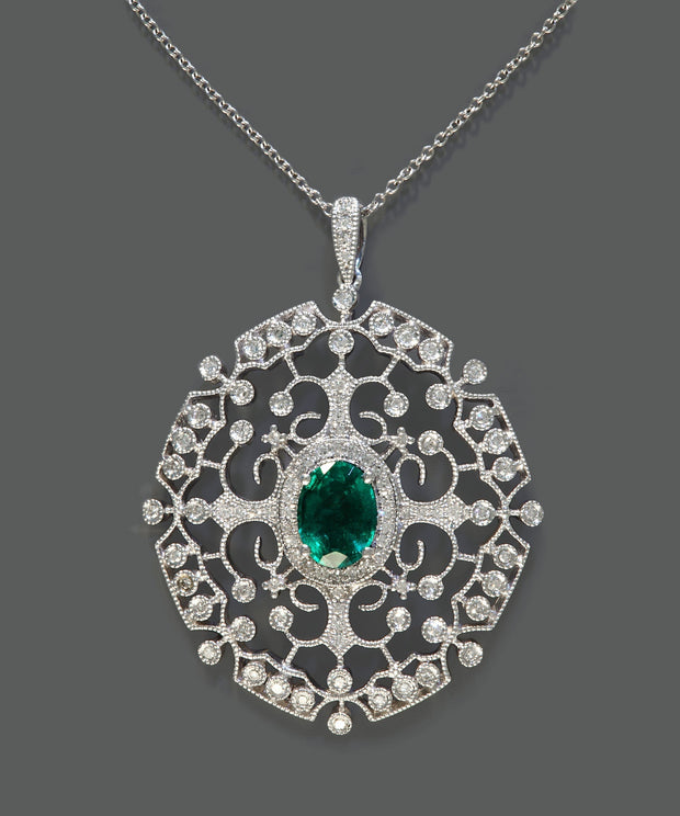 Effy 14K White Gold Diamond,Natural Emerald Pendant